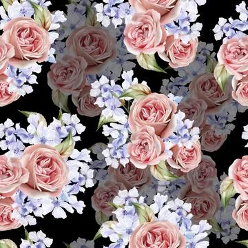 Watercolor pattern with the different hudrangea flowers and roses. Stock Illustration