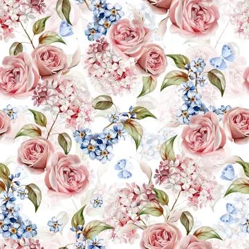 Watercolor pattern with the different hudrangea flowers and roses. Stock Illustration