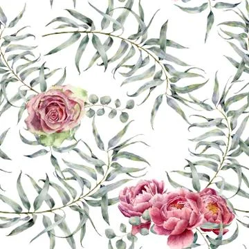 Watercolor pattern with eucalyptus and flower. Hand painted floral ornament with Stock Illustration