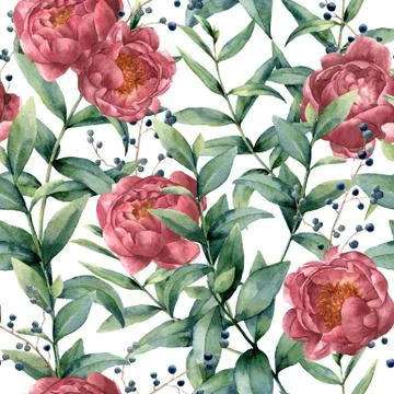 Watercolor pattern with eucalyptus, peony and berries. Hand painted floral Stock Illustration