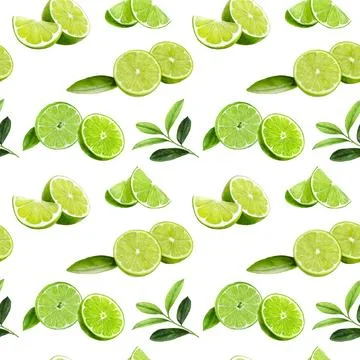 Watercolor pattern features lime slices and leaves, perfect for fresh and citric 스톡 일러스트