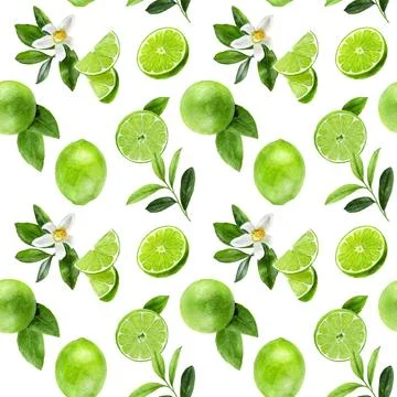 Watercolor pattern features lime slices and leaves, perfect for fresh and citric Stock Illustration