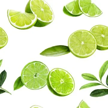Watercolor pattern features lime slices and leaves, perfect for fresh and citric Stock Illustration