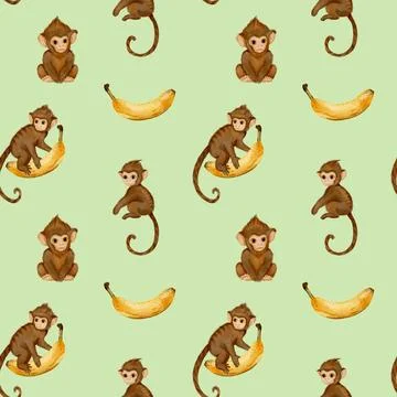 Watercolor pattern featuring playful monkeys and bananas creating Stock Illustration