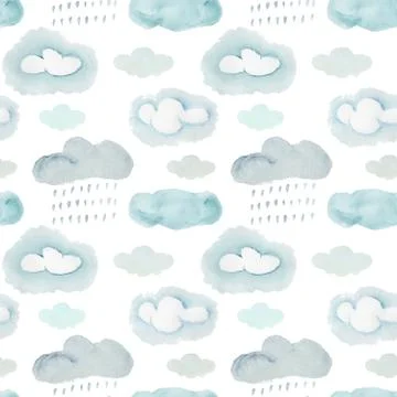 Watercolor pattern with gray storm clouds and rain Stock Illustration