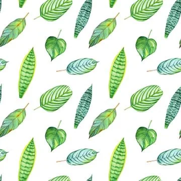 Watercolor pattern with green tropical leaves Stock Illustration