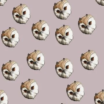 Watercolor pattern with hand-drawn head of an owl on a beige background Stock Illustration