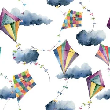 Watercolor pattern with kites. Hand painted vintage illustrations isolated on Stock Illustration