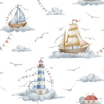 Watercolor Pattern with Lighthouse, sailing ship, garlands and clouds. Seamless Stock Illustration