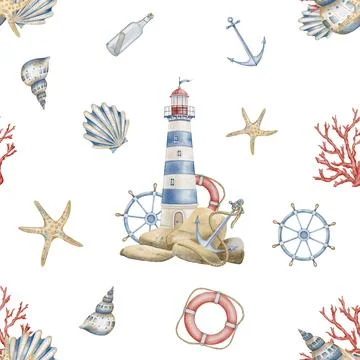 Watercolor Pattern with Lighthouse, seashells and nautical elements. Seamless Illustrazione stock