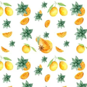 Watercolor pattern of orange, cinnamon, mint fresh aquarelle hand drawm illus 스톡 일러스트
