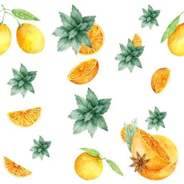 Watercolor pattern of orange, cinnamon, mint fresh aquarelle hand drawm illus Stock Illustration