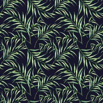 Watercolor pattern with palm tree leaves. Hand painted exotic greenery branch Stock Illustration
