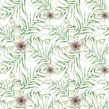 Watercolor pattern with palm tree leaves and passiflora. Hand painted exotic Stock Illustration