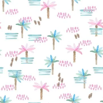 Watercolor pattern with palms trees. Beach style hand drawn pattern. Stock Illustration