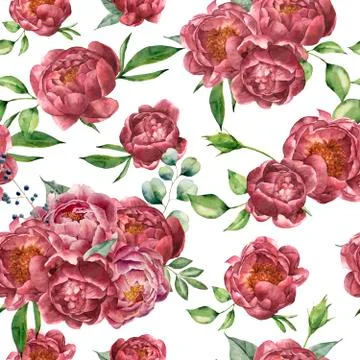 Watercolor pattern with peony, eucalyptus and greenery. Hand painted floral Stock Illustration