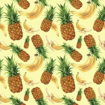 Watercolor pattern with pineapple and bananas. Hand painted tropical fruits with Stock Illustration