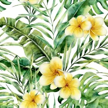 Watercolor pattern with plumeria, palm tree leaves. Hand painted exotic greenery Stock Illustration