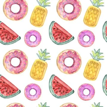 Watercolor pattern with pool floats. Hand painted air toy isolat Illustrazione stock