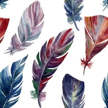 Watercolor pattern with rainbow feathers. Hand painted vibrant boho illustration Stock Illustration