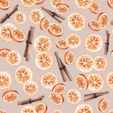 Watercolor pattern. Seamless pattern with orange slices and cinnamon. Texture Stock Illustration