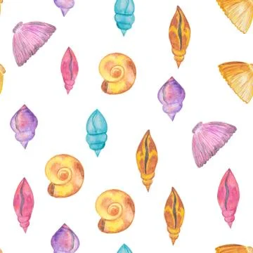 Watercolor pattern of seashells on a white background. Sea life イラスト素材