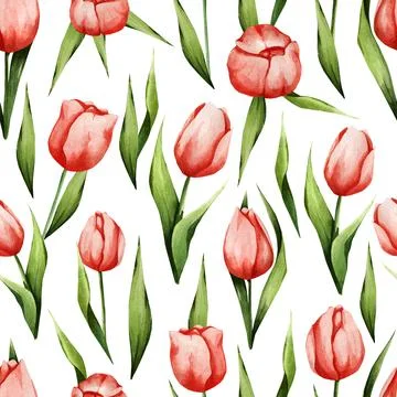 Watercolor pattern with spring flowers. Red tulips. Seamless texture for deco Stock Illustration