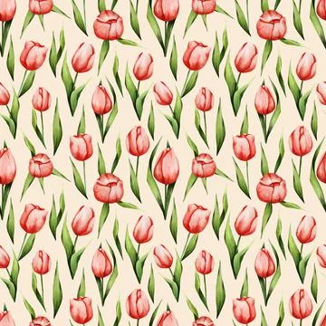Watercolor pattern with spring flowers. Red tulips on a beige background. Sea Illustrazione stock