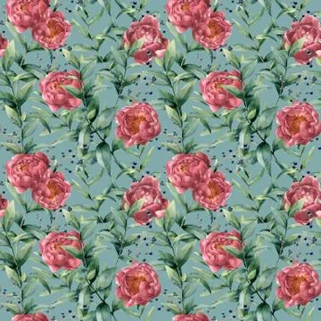 Watercolor pattern with thick eucalyptus, peony and berries. Hand painted floral Stock Illustration