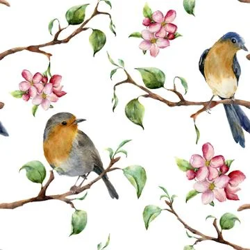 Watercolor pattern with tree branches, birds and apple blossom. Hand painted Stock Illustration
