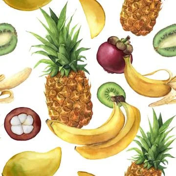 Watercolor pattern with tropical fruit. Hand painted pineapple, bananas Stock Illustration