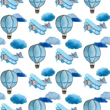 Watercolor pattern.clouds, plane, balloon. Stock Illustration