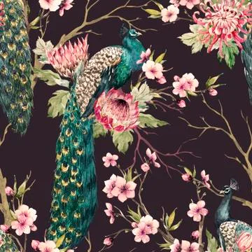 Watercolor peacock pattern Stock Illustration