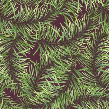 Watercolor pine branches on a burgundy background. Seamless pattern. Stock Illustration