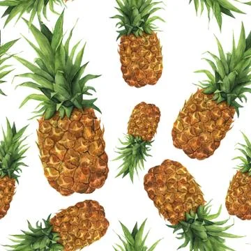 Watercolor pineapple seamless pattern. Hand painted tropical fruit with leaves Stock Illustration