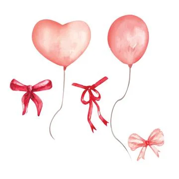 Watercolor Pink Balloon Love and riboon Stock Illustration