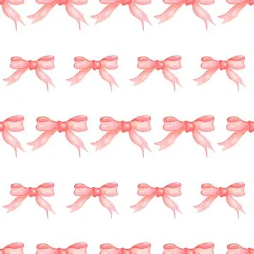 Watercolor pink bow seamless pattern. Hand drawn beautiful bow-knot. girly .. Stock Illustration