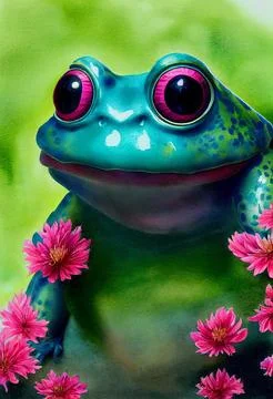 Adorable Baby Frog with Flowers Watercolor Illustration Stock Illustration