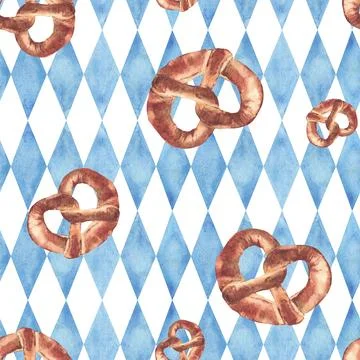 Watercolor pretzel seamless pattern. German traditional bretzel snack Stock Illustration