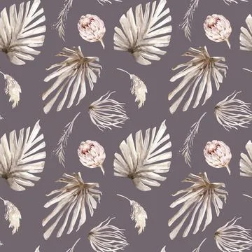 Watercolor protea seamless pattern with rose, leaves, branches, pampas ans dried Stock Illustration