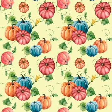 Watercolor pumpkin seamless pattern. Hand painted bright pumpkin ornament with Stock Illustration