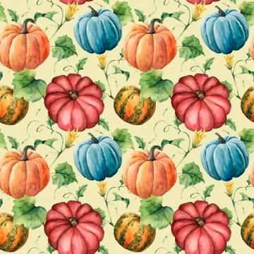 Watercolor pumpkin seamless pattern. Hand painted pumpkin ornament with flower Illustrazione stock