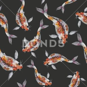 Watercolor rainbow carp pattern. Seamless oriental texture with isolated hand Stock Illustrationen