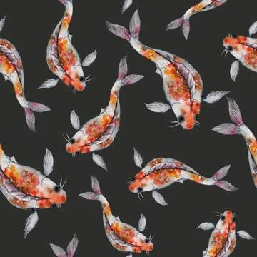 Watercolor rainbow carp pattern. Seamless oriental texture with isolated hand Stock Illustration