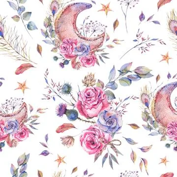 Watercolor Ramadan seamless pattern, moon, stars Stock Illustration