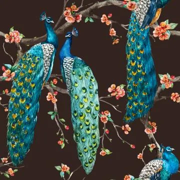 Watercolor raster peacock pattern Stock-Illustration
