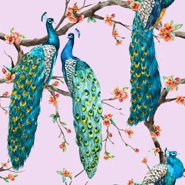 Watercolor raster peacock pattern Stock Illustration