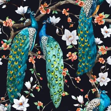 Watercolor raster peacock pattern Stock Illustration