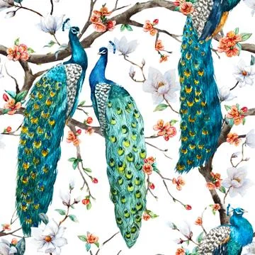 Watercolor raster peacock pattern Stock Illustration