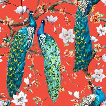 Watercolor raster peacock pattern Stock Illustration
